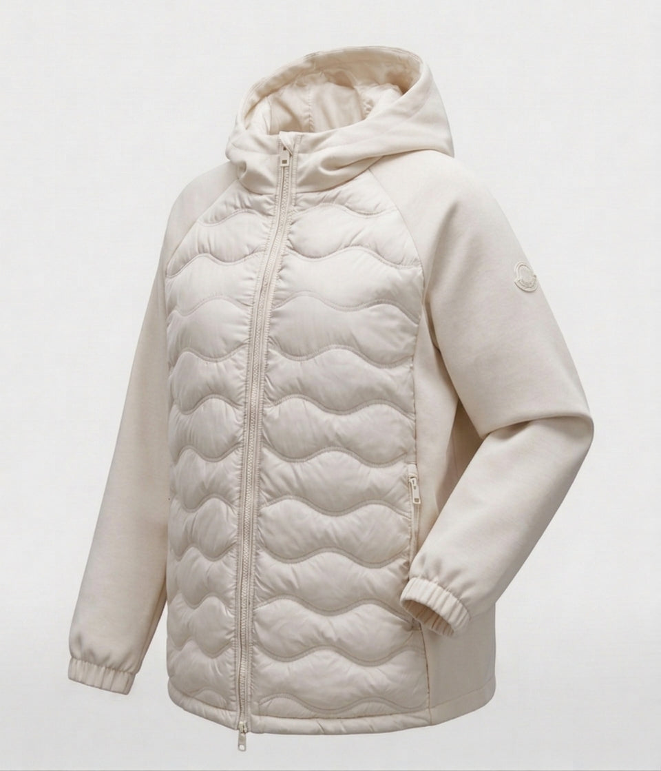 Women's non-quilted hybrid hoodie jacket with padded front and loose sweatshirt sleeves