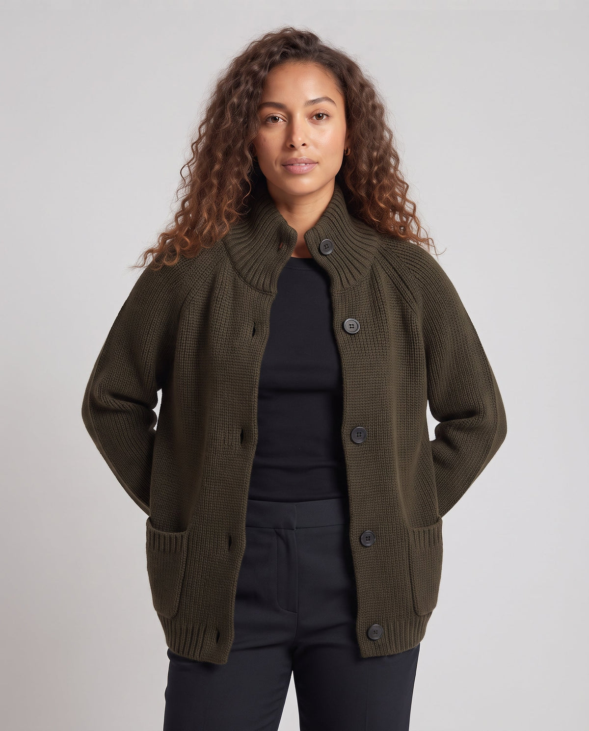 Women's Oversized Cardigan with Stand-Up Collar and Patch Pockets Fashion Glam