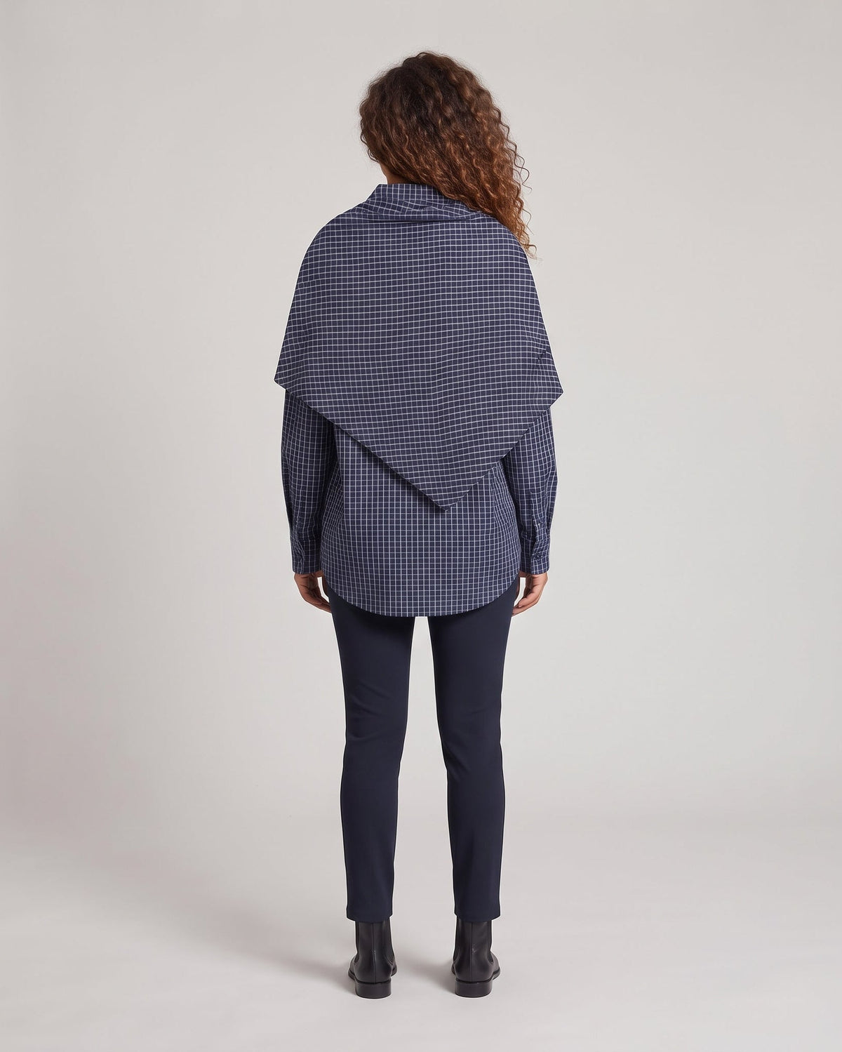 Women's Oversized Shirt Blouse with Overlapping Knot Scarf and Check Pattern Fashion Glam
