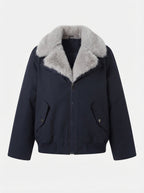 Women's short padded winter jacket with voluminous faux fur collar and windproof outer shell