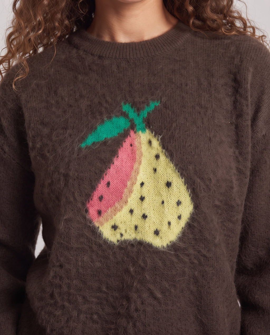 Women Plush Mohair Mix Sweater with Fruit Jacquard Pattern