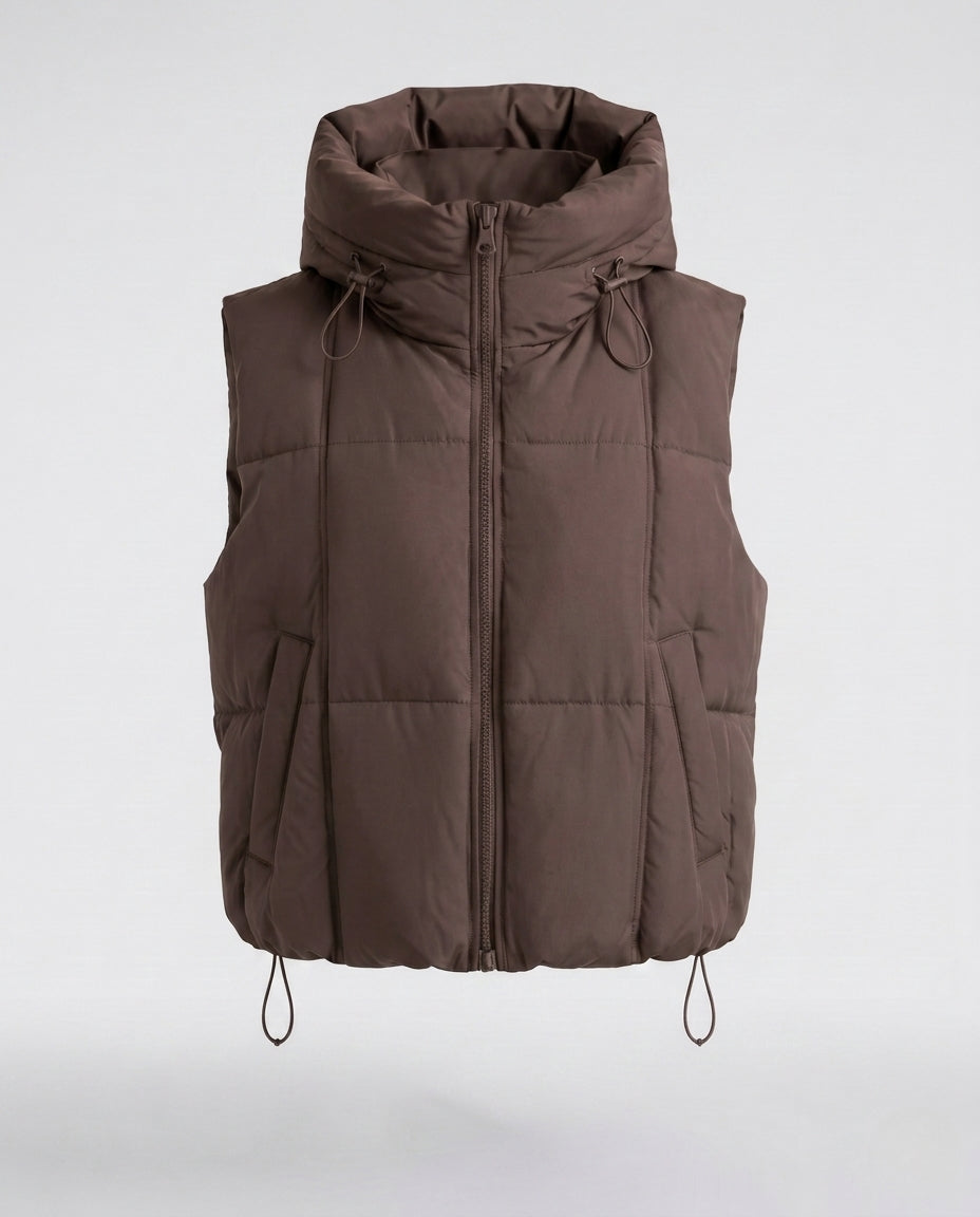 Women's quilted hooded vest with adjustable drawstring and two-way zipper