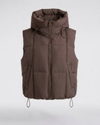 Women's quilted hooded vest with adjustable drawstring and two-way zipper