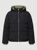 Women's short padded city puffer jacket with contrasting inner trim, hood, and insulating climate padding