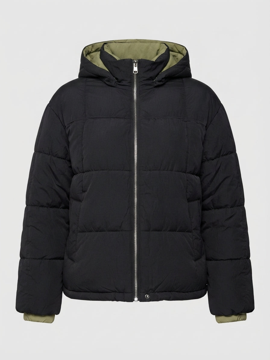 Women's short padded city puffer jacket with contrasting inner trim, hood, and insulating climate padding