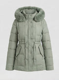 Women's nano padded parka with removable faux fur trim, adjustable drawstring at the waist and thermal insulation padding