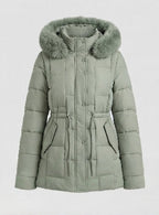 Women's nano padded parka with removable faux fur trim, adjustable drawstring at the waist and thermal insulation padding