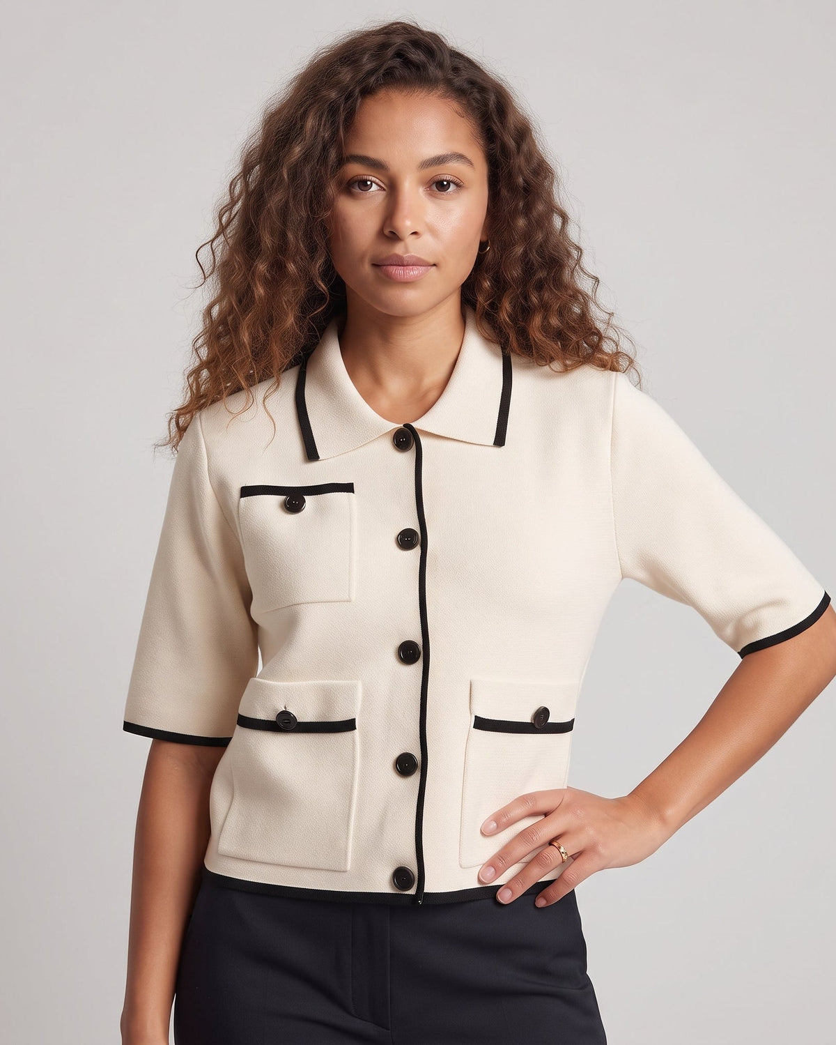 Women Short Sleeve Boucle Cardigan with Contrast Piping and Patch Pockets Fashion Glam