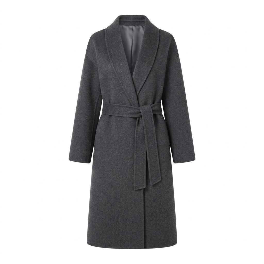 Women's concealing wrap long coat made of wool blend with soft shawl collar and tie belt Fashion Glam