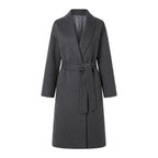 Women's concealing wrap long coat made of wool blend with soft shawl collar and tie belt Fashion Glam