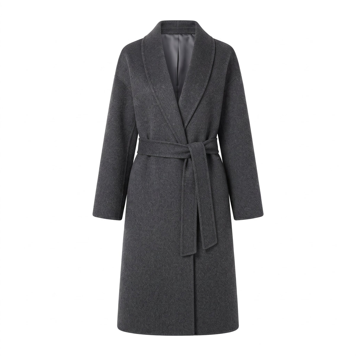 Women's concealing wrap long coat made of wool blend with soft shawl collar and tie belt Fashion Glam