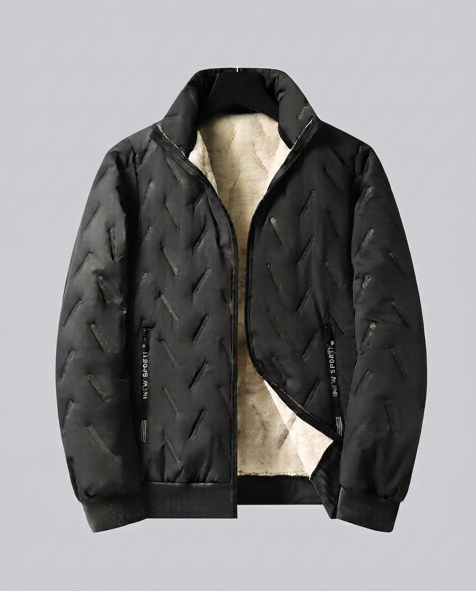Men's quilted winter blouson with Sherpa lining, high standing collar, and concealed zip pockets