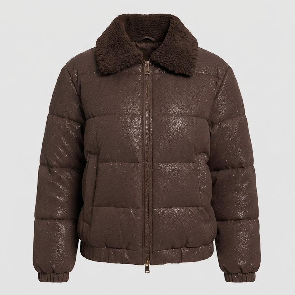 Women’s non-padded puffer jacket with glitter effect and cozy faux fur collar