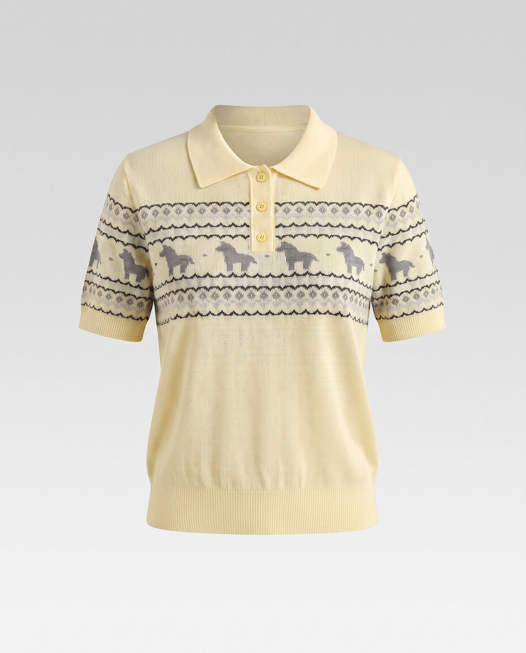 Ladies Lightweight Short Sleeve Polo Fine Knit Top with Horse Jacquard and Ribbed Hem Fashion Glam