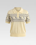 Ladies Lightweight Short Sleeve Polo Fine Knit Top with Horse Jacquard and Ribbed Hem Fashion Glam