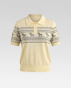 Ladies Lightweight Short Sleeve Polo Fine Knit Top with Horse Jacquard and Ribbed Hem Fashion Glam