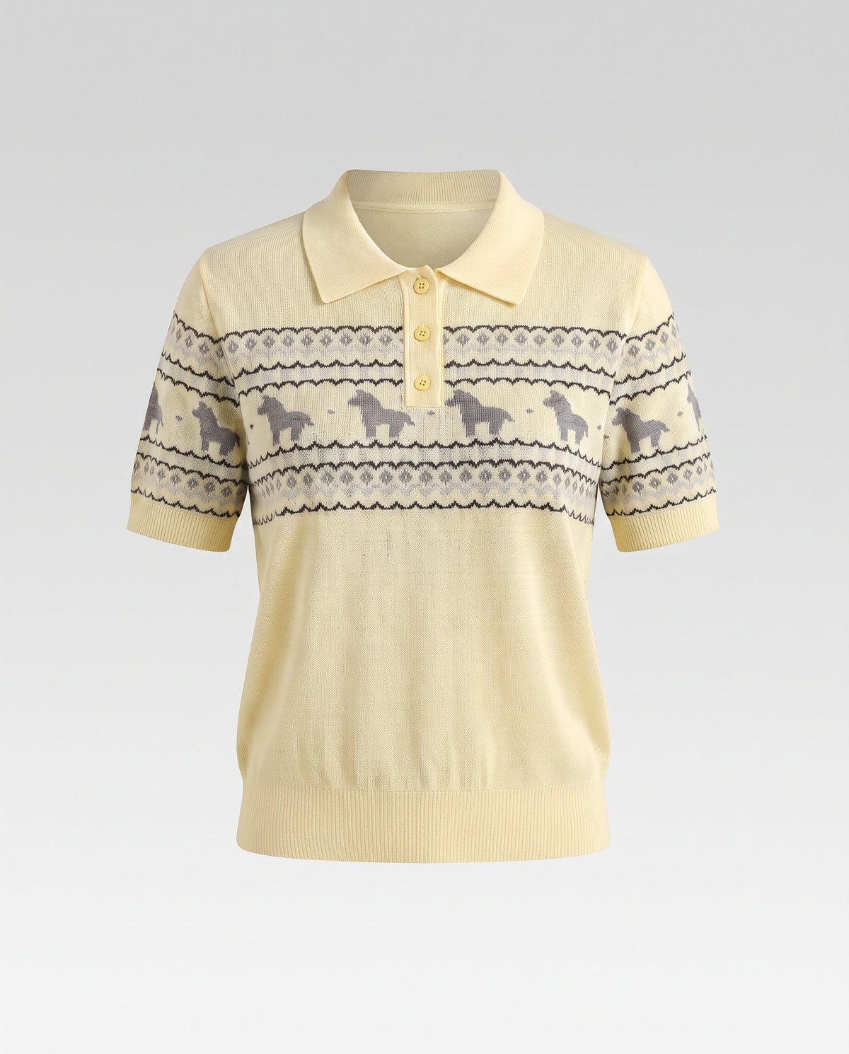 Ladies Lightweight Short Sleeve Polo Fine Knit Top with Horse Jacquard and Ribbed Hem Fashion Glam