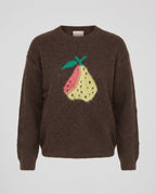 Women Plush Mohair Mix Sweater with Fruit Jacquard Pattern