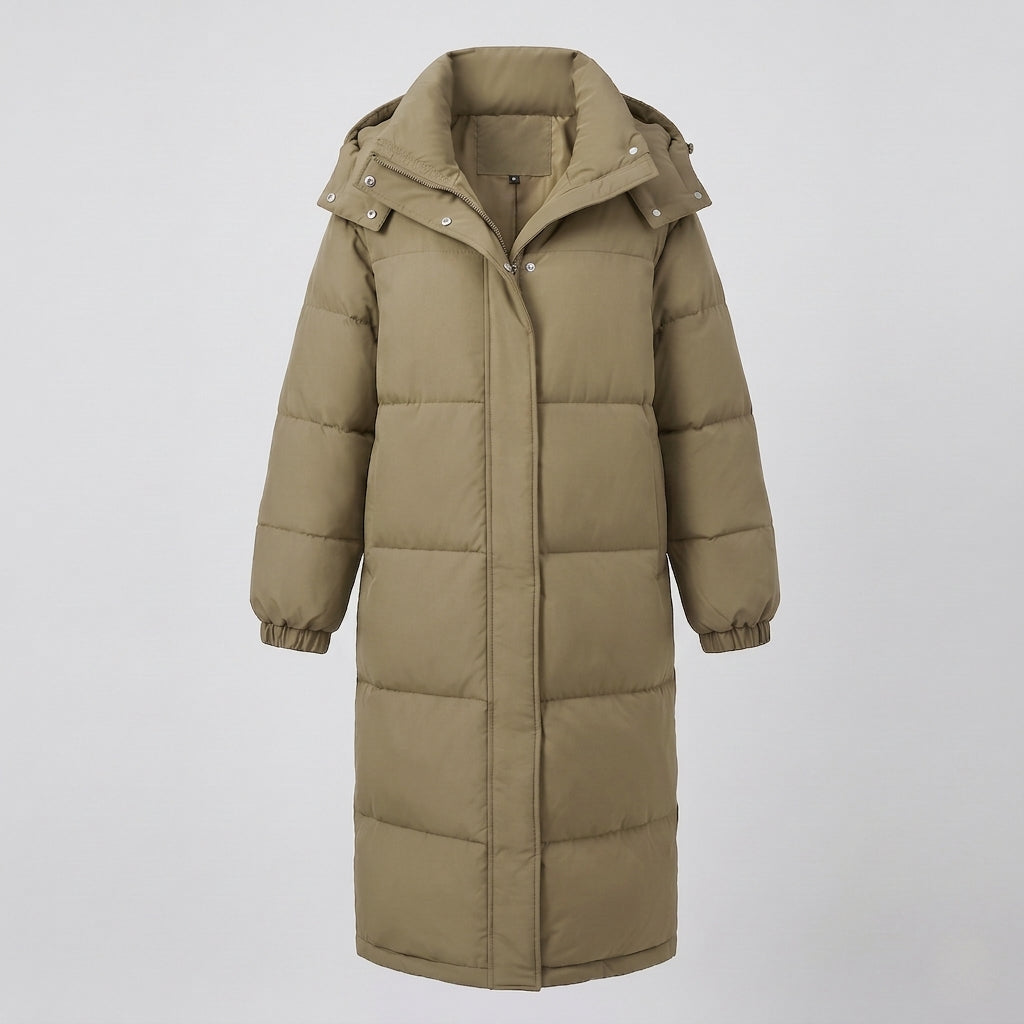 Women's extra long quilted thermal coat with hood, two-way zipper and noise-reducing outer material