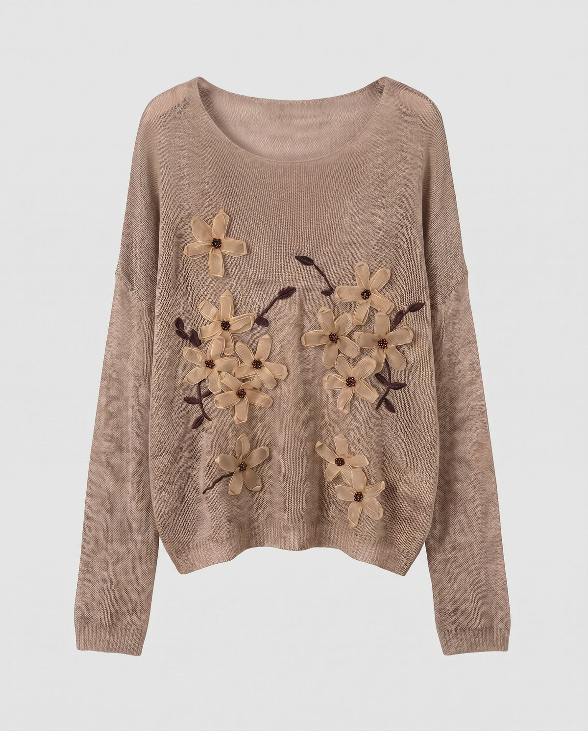 Women's fine-knit pullover with transparent flower appliqués Fashion Glam