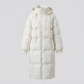 Women's extra-long quilted hooded coat with padded thermal filling, two-way zipper and oversized silhouette