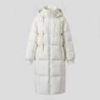 Women's extra-long quilted hooded coat with padded thermal filling, two-way zipper and oversized silhouette