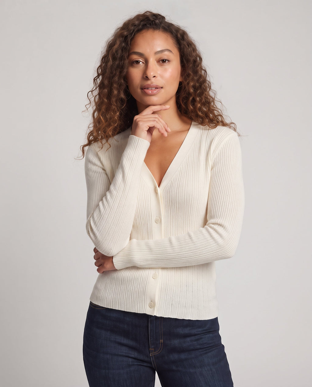 Women's Slim V-Neck Cardigan made of stretchy ribbed knit with asymmetrical hem Fashion Glam