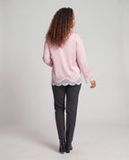 Women Long Sleeve Blouse with Round Neck and Delicate Lace Trim Fashion Glam