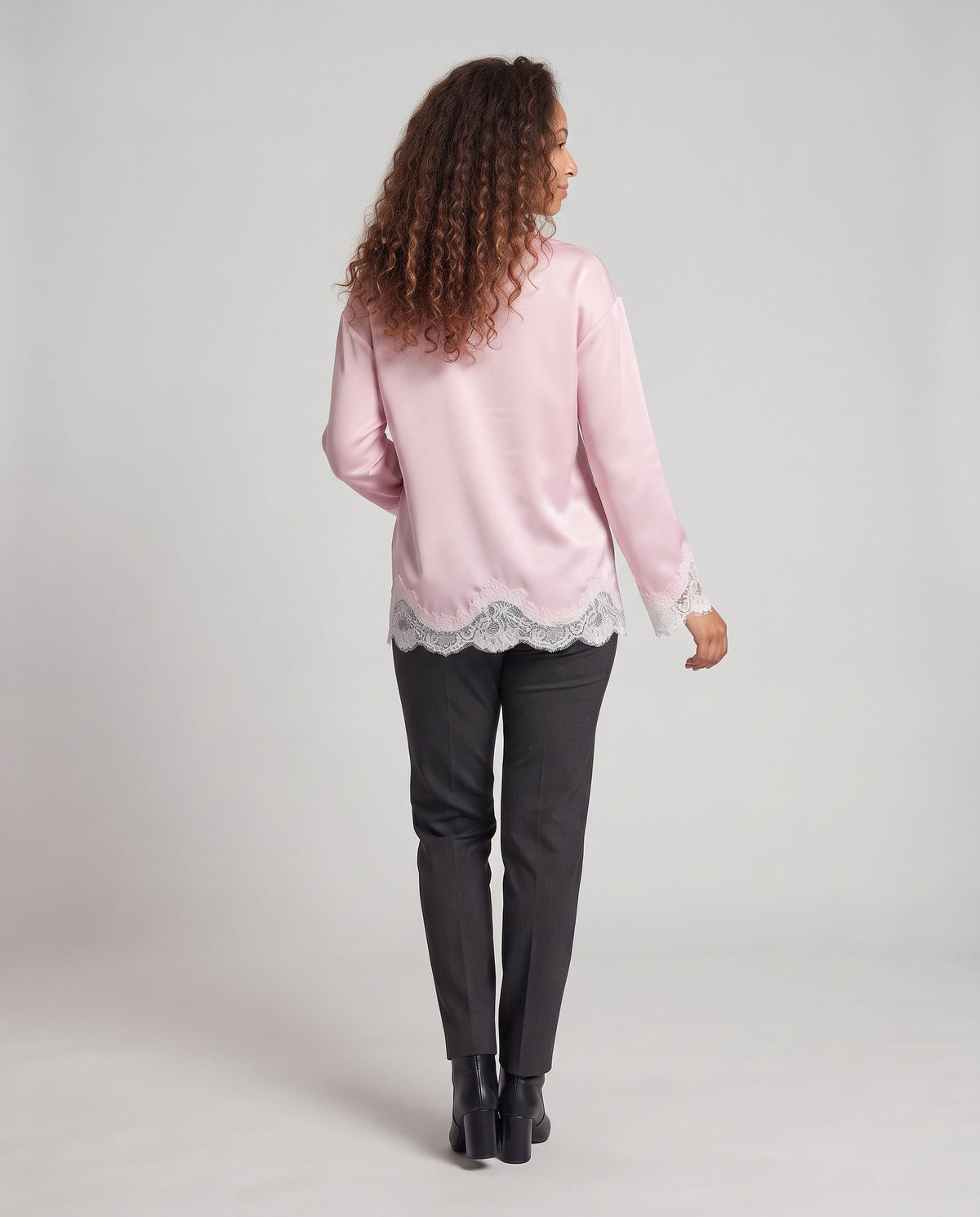 Women Long Sleeve Blouse with Round Neck and Delicate Lace Trim Fashion Glam
