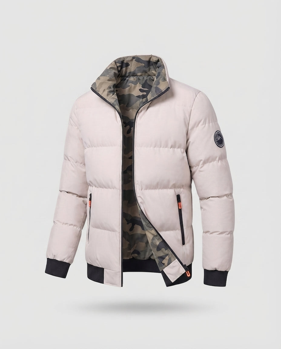 Men's Modern City Puffer with high closed collar, thermal insulation padding, concealed two-way zipper, and zip pockets