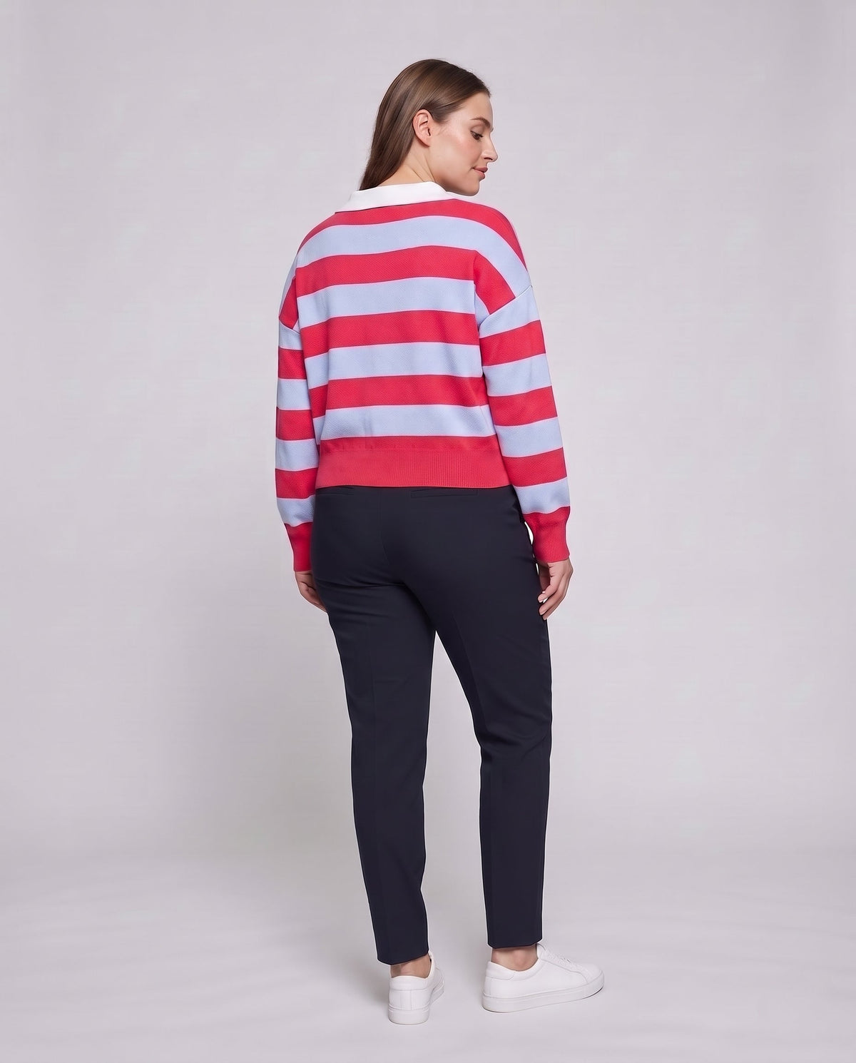 Women's Oversize Rugby Sweater with Polo Collar and Wide Stripes Fashion Glam