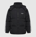 Unisex oversized quilted jacket with contrast stripes on sleeves, high-closing collar, and hood placket