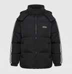 Unisex oversized quilted jacket with contrast stripes on sleeves, high-closing collar, and hood placket