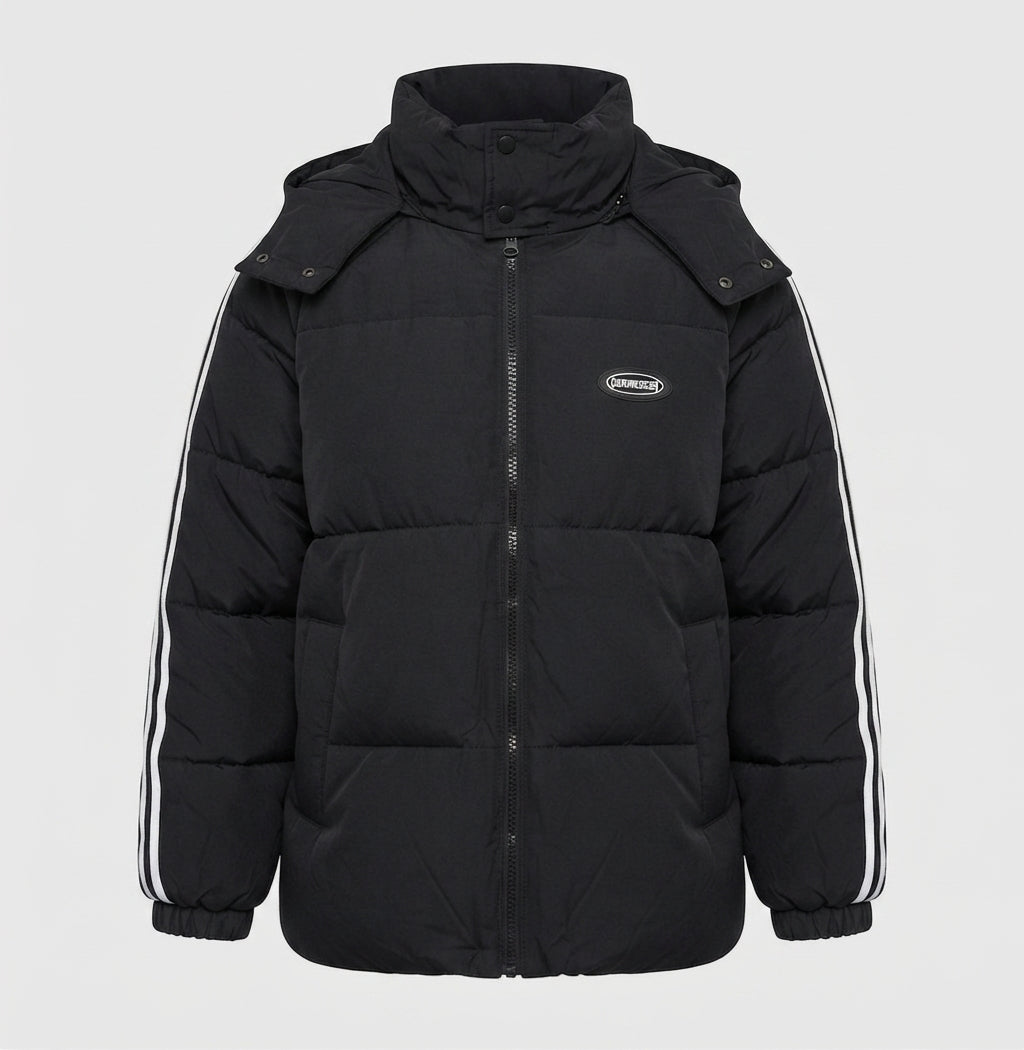 Unisex oversized quilted jacket with contrast stripes on sleeves, high-closing collar, and hood placket