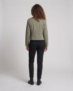 Women's Tailored Denim Military Jacket with Stand-Up Collar and Ornamental Button Placket Fashion Glam