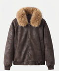 Women's short bomber jacket with voluminous faux fur collar and soft velvet lining
