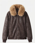 Women's short bomber jacket with voluminous faux fur collar and soft velvet lining