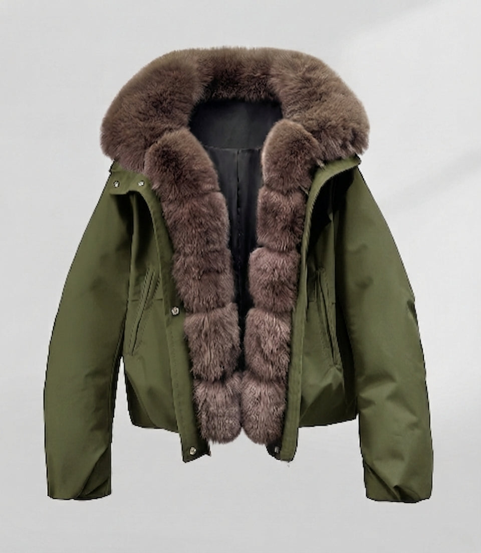 Women's short parka with voluminous faux fur collar, padded thermal lining, and concealed snap placket