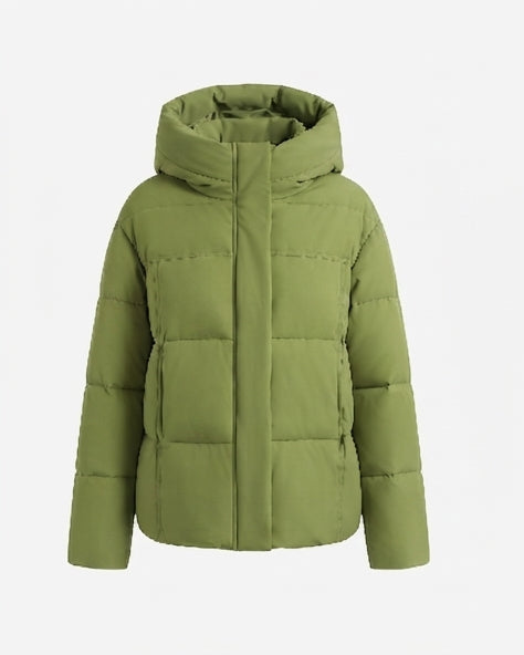 Women's cropped boxy quilted puffer with integrated hood and side zip pockets