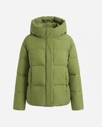 Women's cropped boxy quilted puffer with integrated hood and side zip pockets