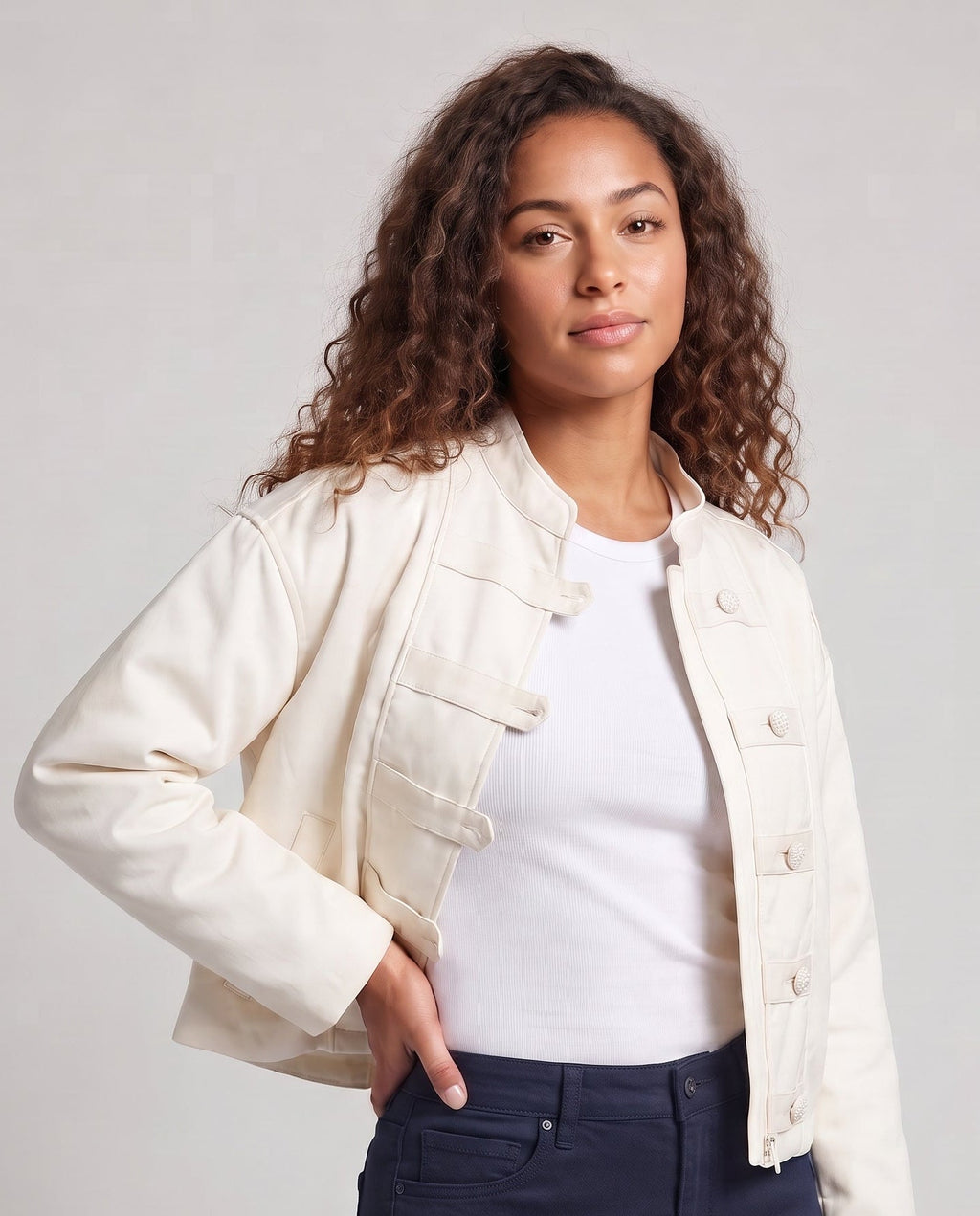 Women's Short Boxy Jacket with Stand Collar, Decorative Knot Closures and Dropped Shoulder Fashion Glam