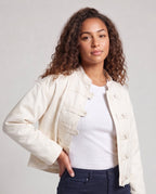 Women's Short Boxy Jacket with Stand Collar, Decorative Knot Closures and Dropped Shoulder Fashion Glam