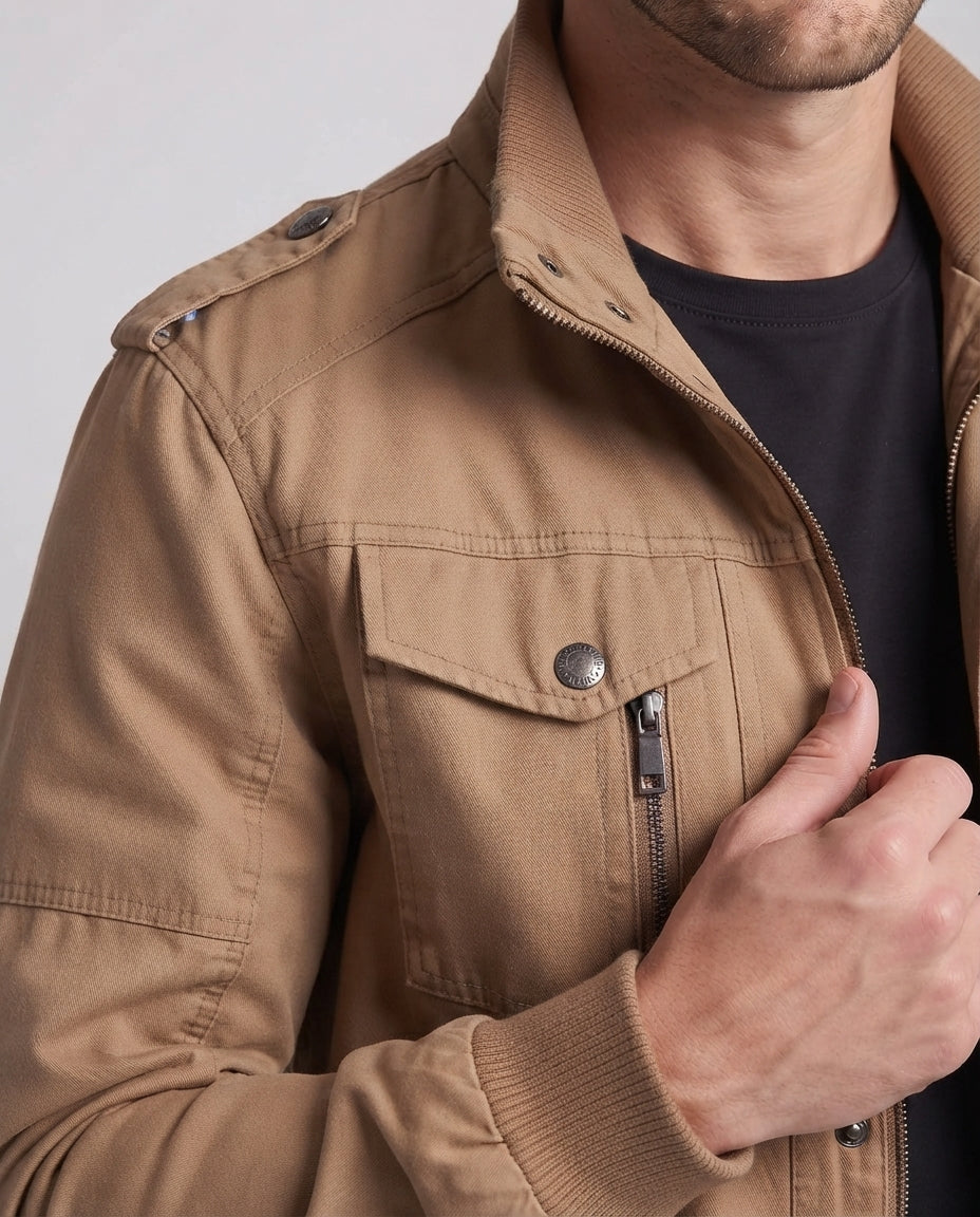 Men's Canvas Field Jacket in Military Look with Stand-up Collar, Epaulettes and Chest Flap Pockets Fashion Glam