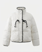 Women's short quilted puffer jacket with high standing collar, textured structure, and decorative drawstrings