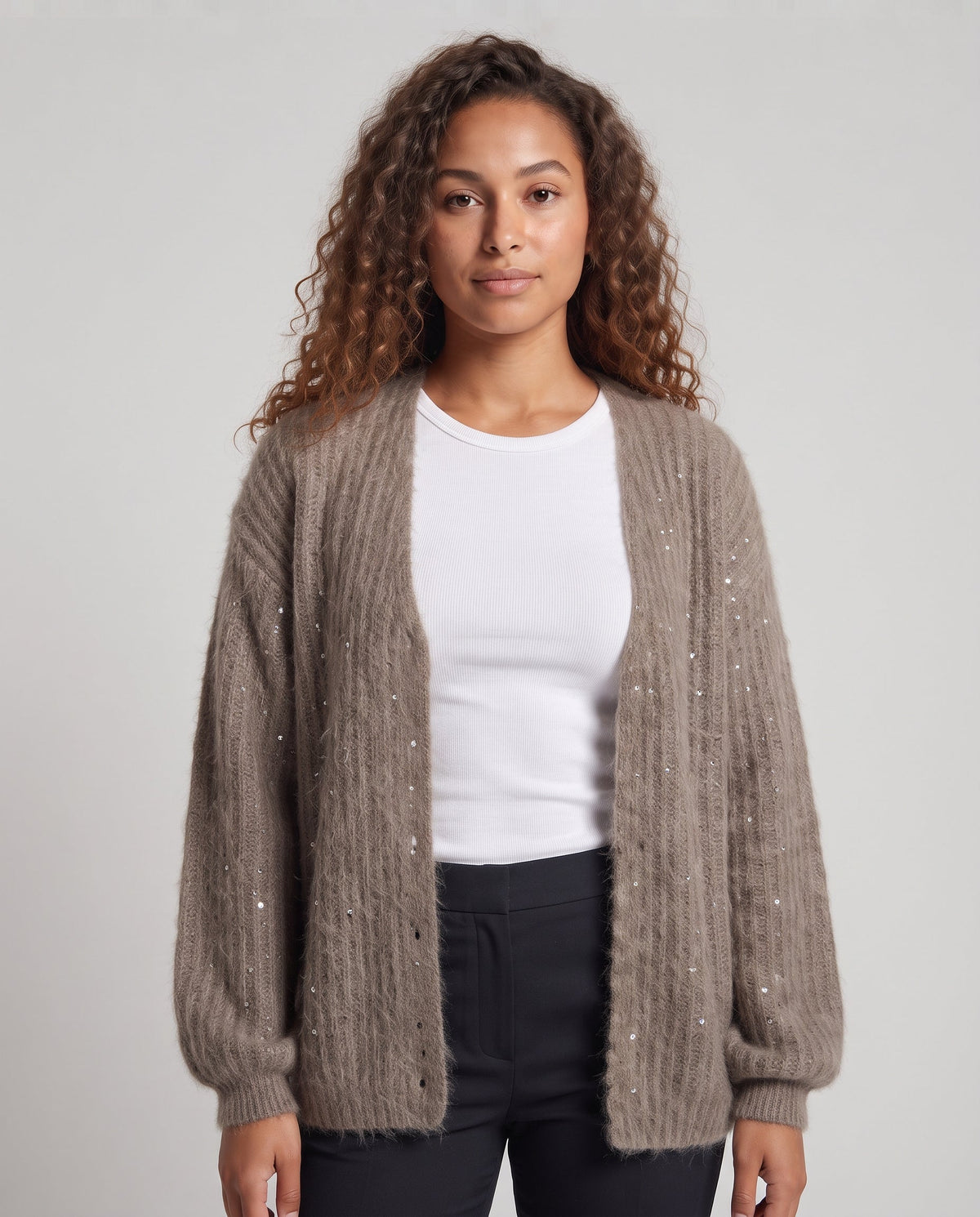 Women's Open Mohair-Look Cardigan with Ribbed Texture and Oversized Sleeves Fashion Glam