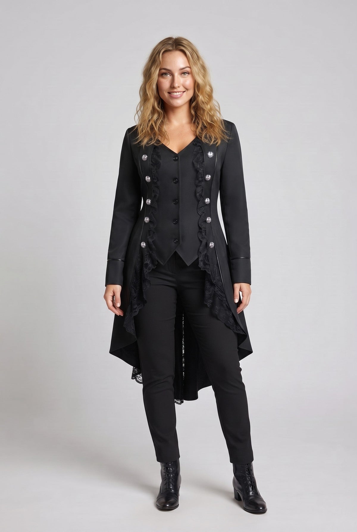 Women's elegant tailcoat with lace accents and decorative button placket Fashion Glam