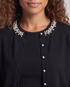 Women Fine Knit Cardigan with Bead and Crystal Embellished Round Neck Trim Fashion Glam