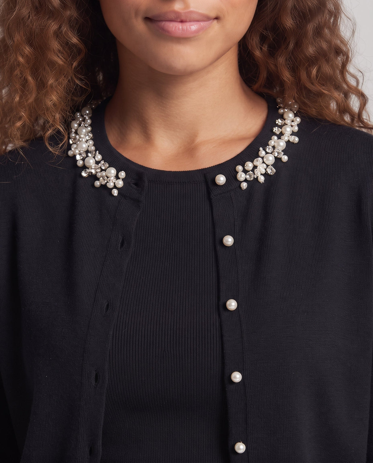 Women Fine Knit Cardigan with Bead and Crystal Embellished Round Neck Trim Fashion Glam