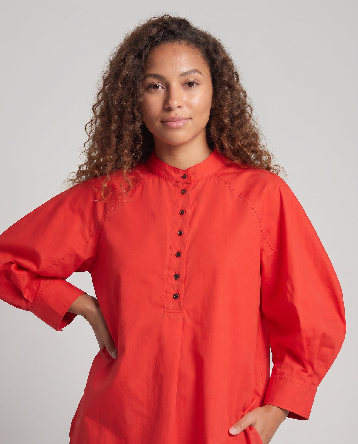 Women's Oversized Tunic Blouse with Stand-up Collar, Half Button Placket and Balloon Sleeves Fashion Glam