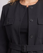 Ladies Cropped Tailored Jacket with Round Neckline, Flap Pockets and Belt Detail